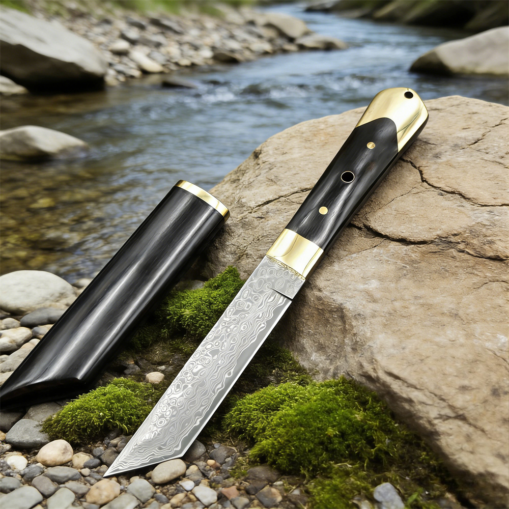 Edc Pocket Carry Fixed Blade - High Hardness Damascus Blade Ebony Handles